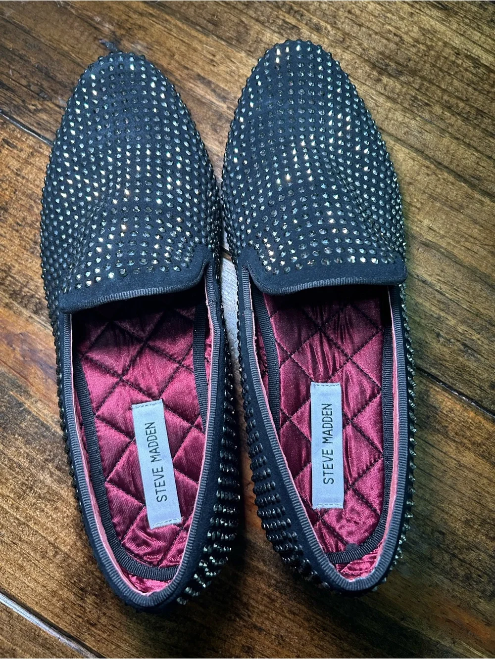Steve Madden Black Studded Slip-On Loafers with Burgundy Lining